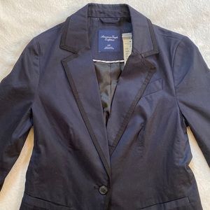 American Eagle navy cotton blazer with black ribbon trim Sz S NWT